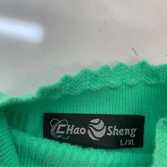 Chao Sheng Cashmere Blend Sweater  Woman Large Green Rib Knit Beads Scallop Neck - Picture 7 of 10